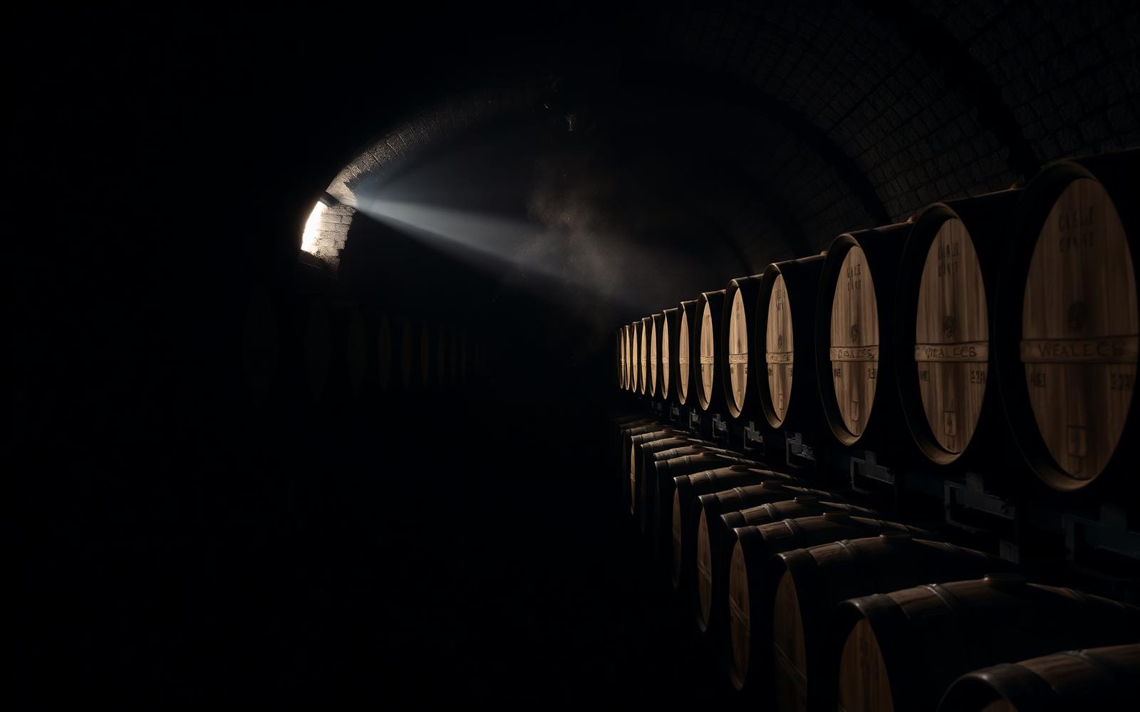 Barrels in a dark wine cellar lit by a single shaft of light